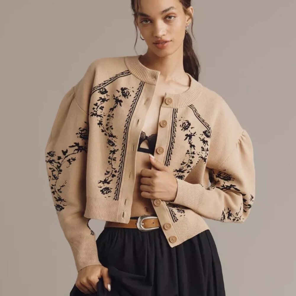 Anthropologie Sculpted Puff-Sleeve Cardigan Sweater Size S NWT Camel Small